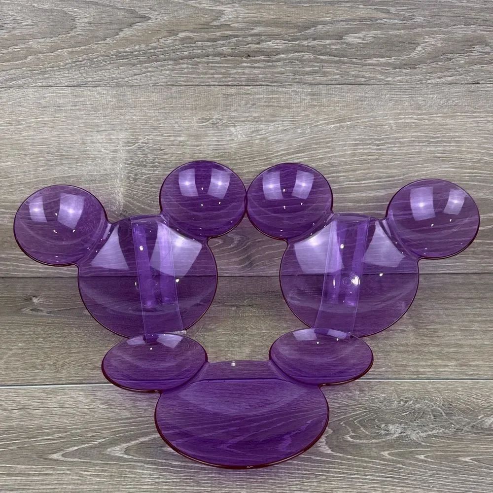 Disney Mickey Mouse Head Shaped Purple Clear Acrylic Plastic Divided Vtg Plates